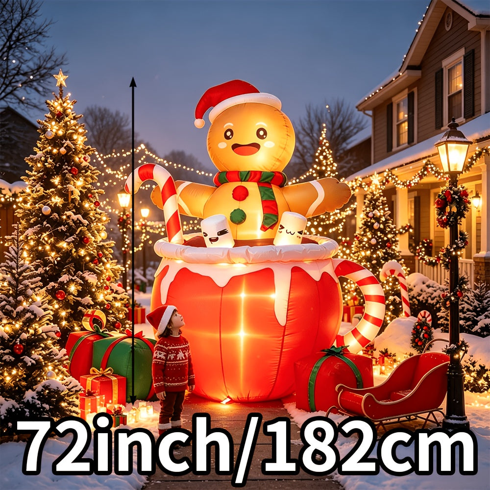 Christmas Yard Inflatable Decorations, 6ft LED Blow Up Gingerbread Man in Hot Chocolate Cup