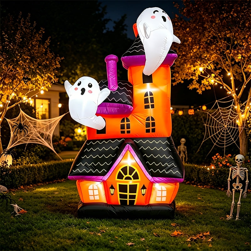 Inflatable haunted castle set up on a courtyard lawn