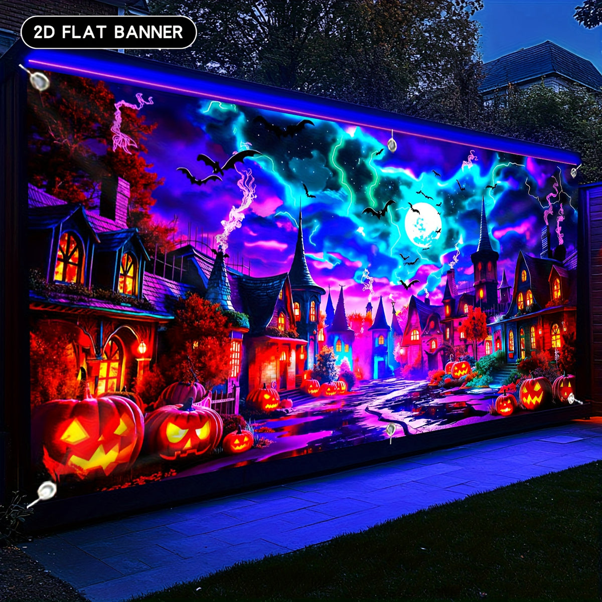 Close-up of the UV-reactive haunted house town scene print