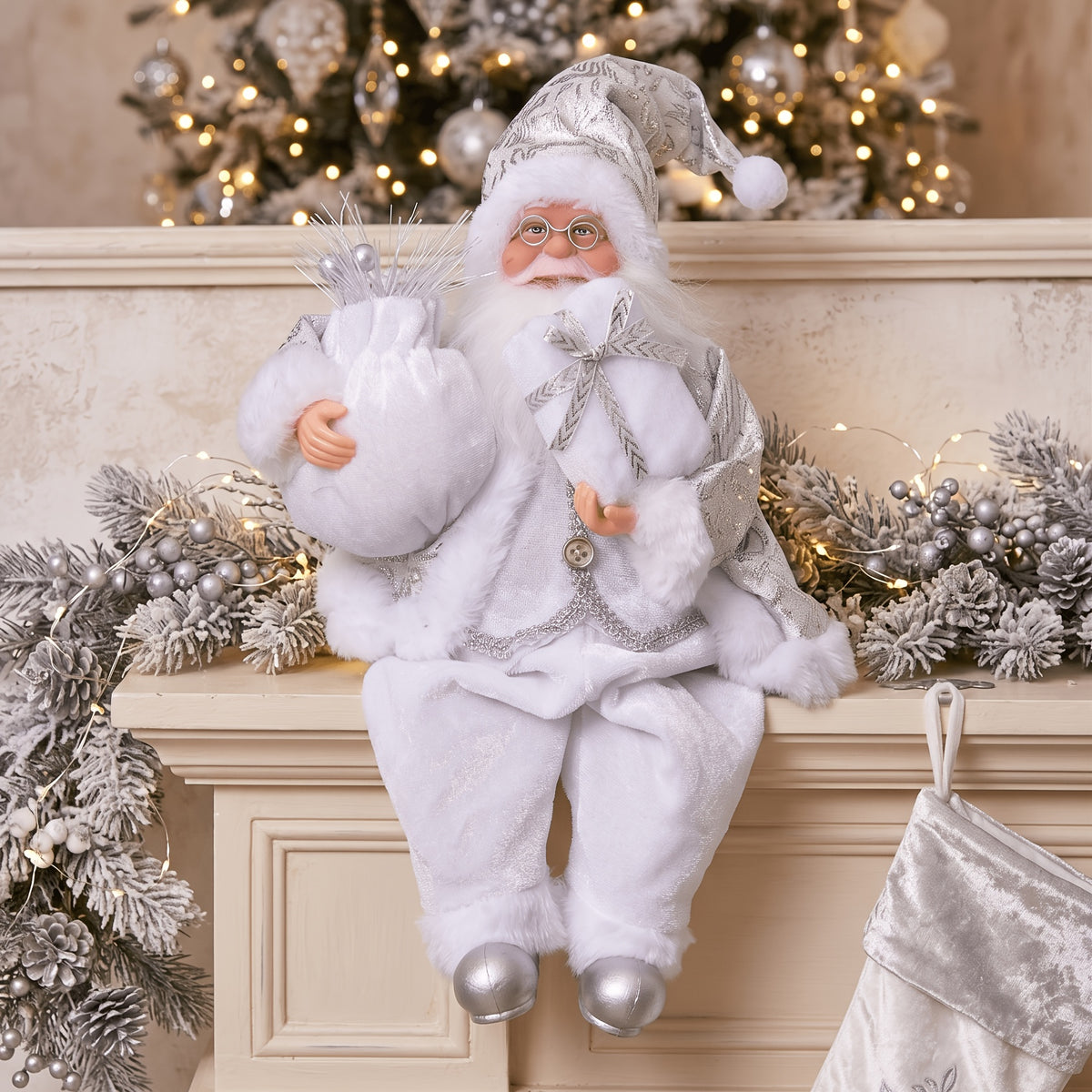 Detail of the seated Santa figure's coat and base