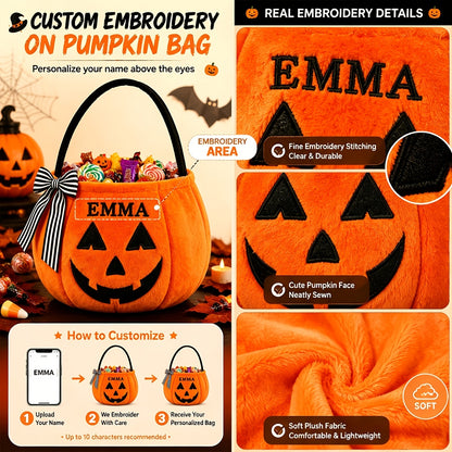 Personalized Embroidered Halloween Pumpkin Candy Bag, Custom Name Plush Candy Bucket with Bow