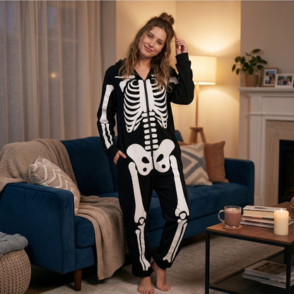Adult Skeleton Costume, Plush Hooded Onesie Pajamas, Unisex S to XXL