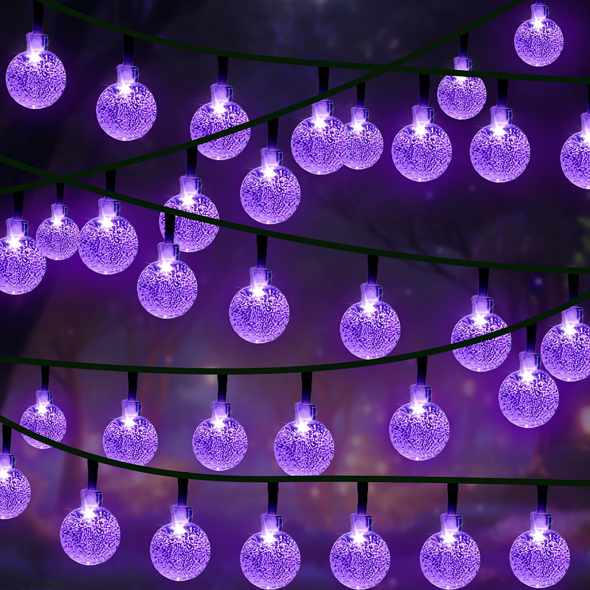 Purple LED solar bubble ball string lights wrapped around an outdoor tree - view 1