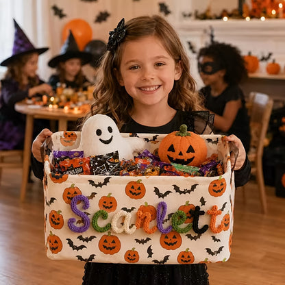 Custom Name Embroidered Halloween Storage Basket with Pumpkin Ghost Bat Pattern and Handles