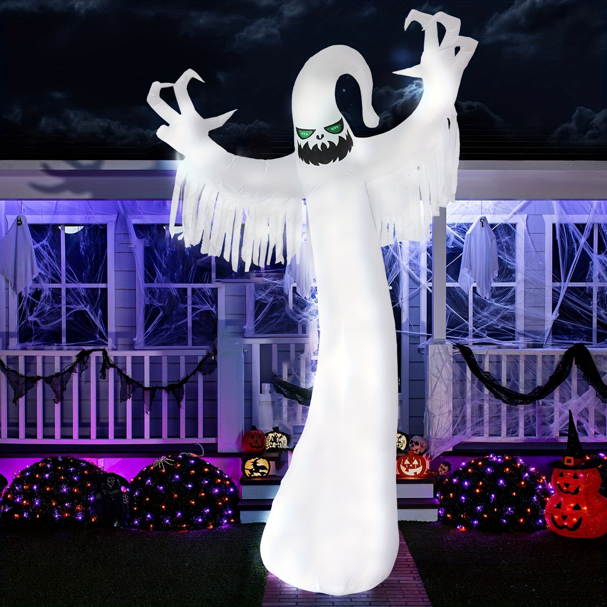 9.85-foot inflatable ghost decoration with raised arms and tattered fabric detail