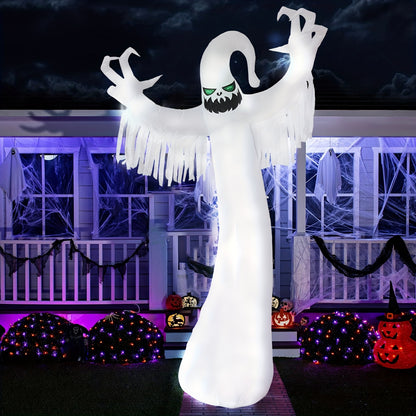 9.85-foot inflatable ghost decoration with raised arms and tattered fabric detail