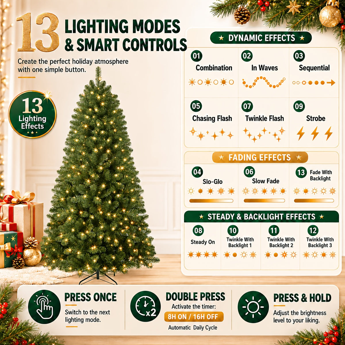 Pre-Lit Christmas Tree, 5 ft, Warm White, 13 Light Modes