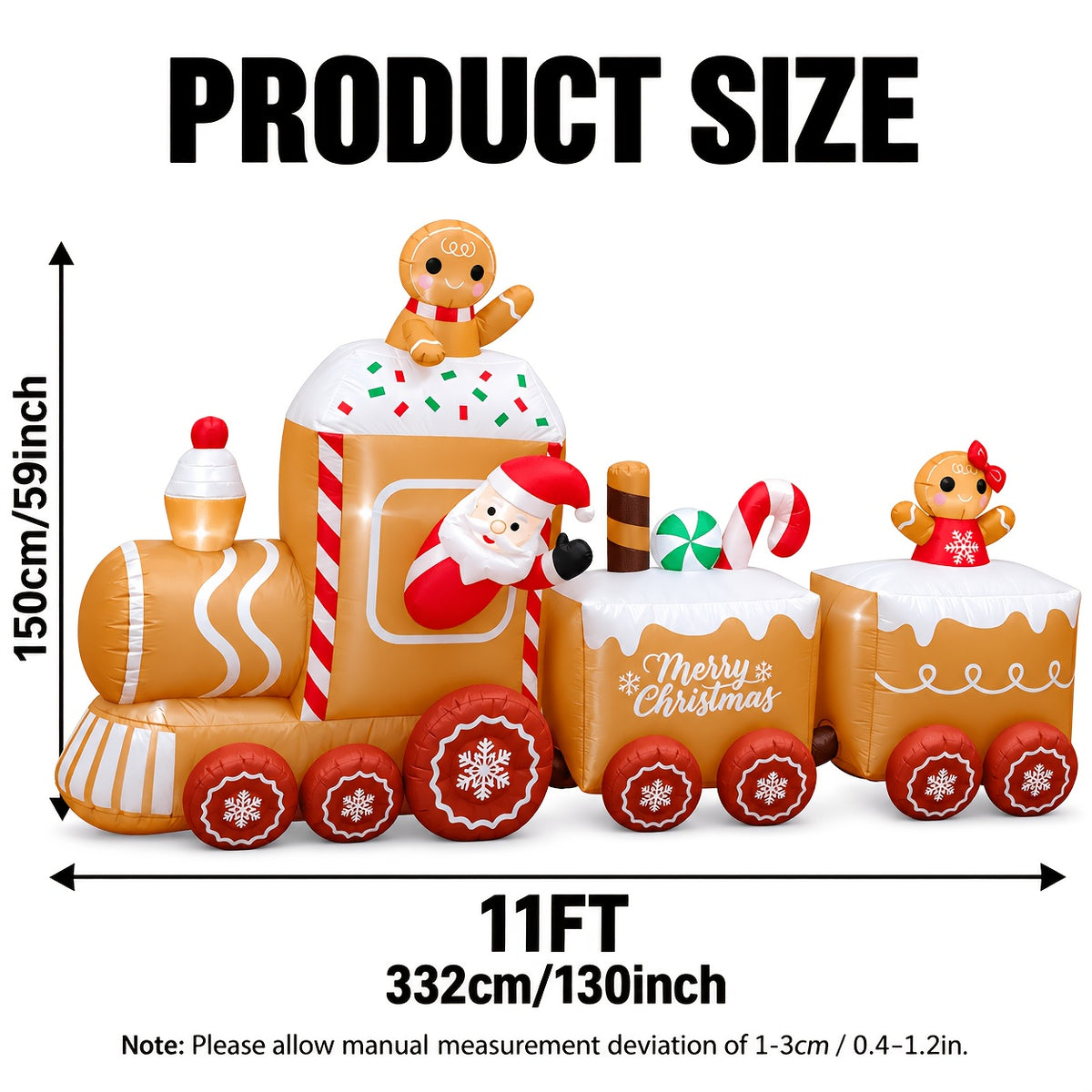 Inflatable Christmas Train, 11 ft Gingerbread Man Outdoor Decoration, Built-In LED Lights