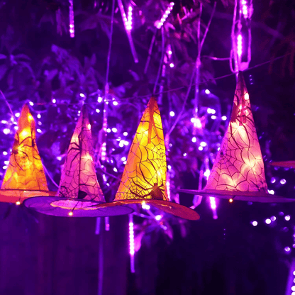 Light-up witch hat string light set, six hats in orange and purple on one LED light string