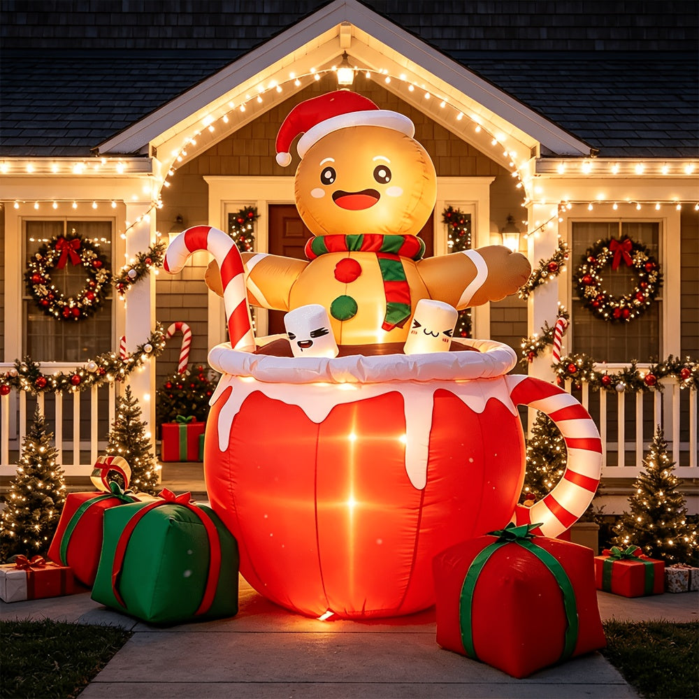 Christmas Yard Inflatable Decorations, 6ft LED Blow Up Gingerbread Man in Hot Chocolate Cup