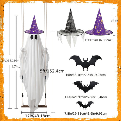 Halloween swing ghost decoration set showing the ghost, two witch hats and the string lights