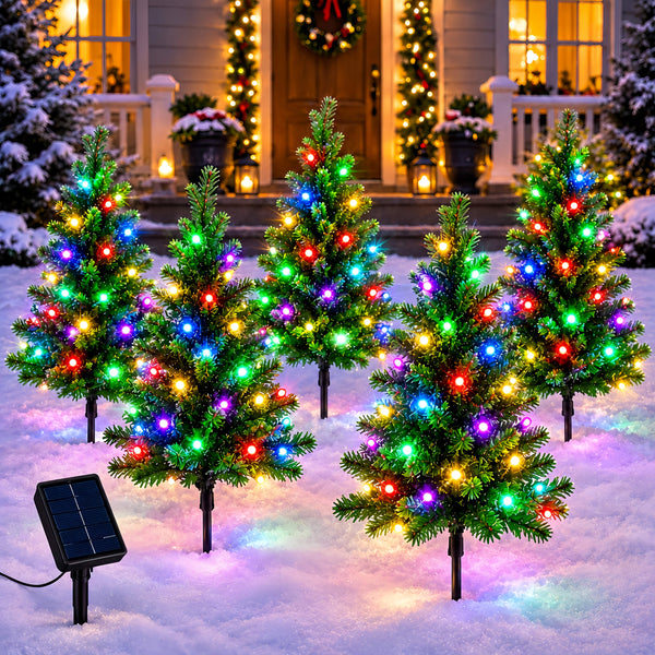 Solar Christmas Pathway Lights, Mini LED Trees, Set of 5 or 10