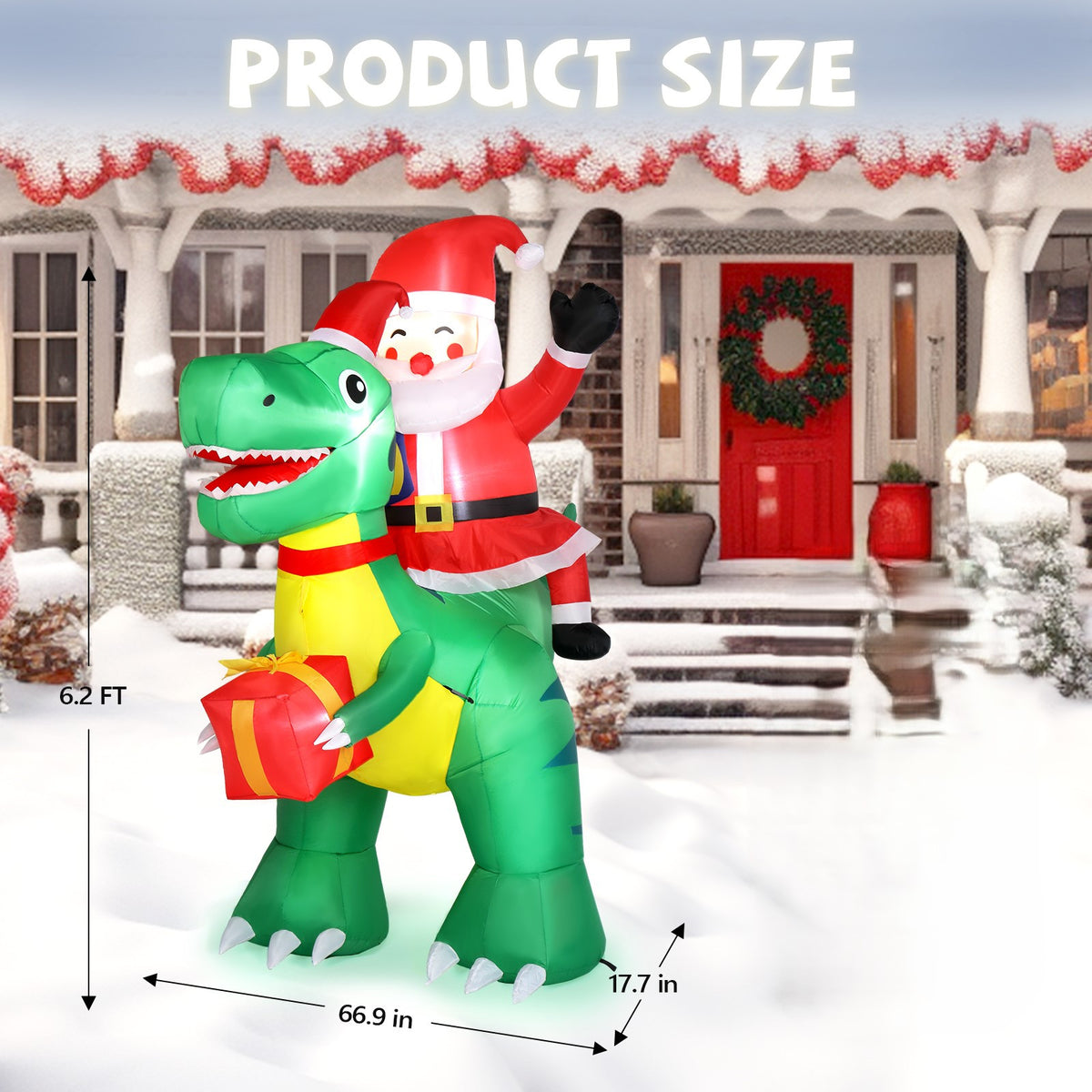 Christmas Inflatable Yard Decorations, Santa Riding Dinosaur, Snowman, Stakes & Storage Bag