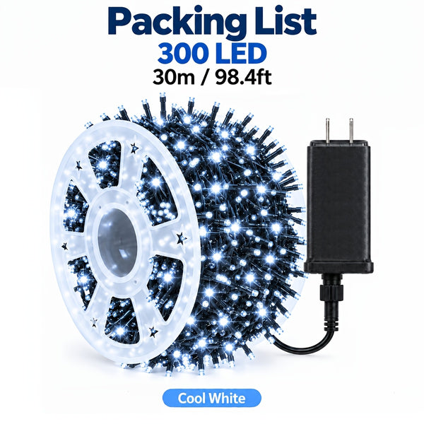 String of Christmas Lights, 98 ft 300 LED Outdoor, 8 Modes, Cool White