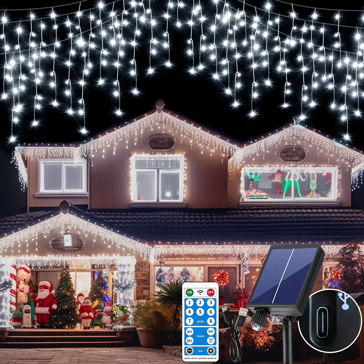 Close view of the icicle drops and the detachable solar panel
