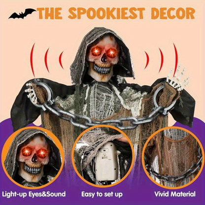 Animatronic grim reaper decoration with hanging chain accessory