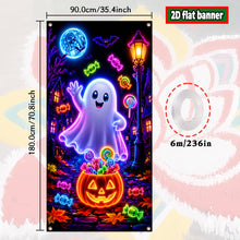 Close view of the UV fluorescent ghost and candy print on the polyester Halloween banner