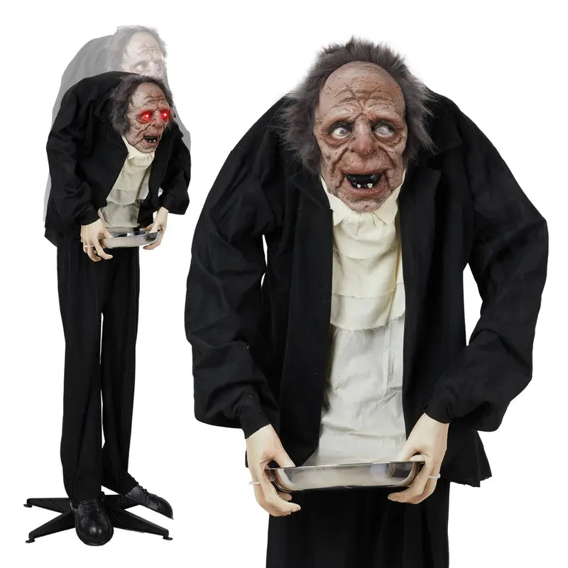 5ft animated Halloween figure with glowing red LED eyes and a built-in candy tray