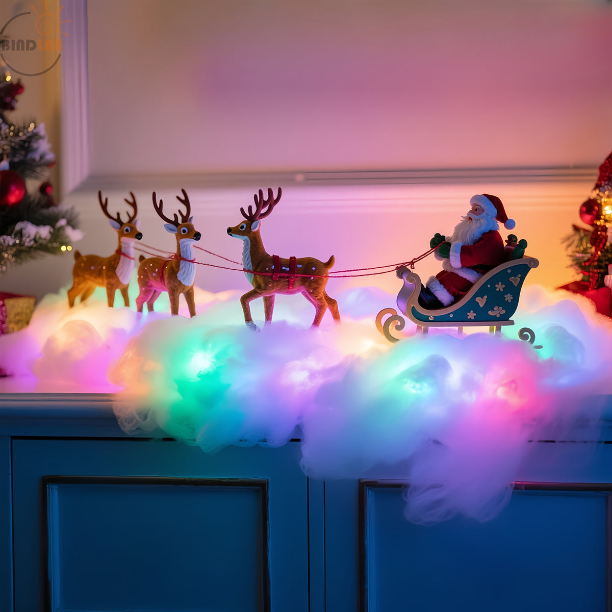 Cloud light string in warm white across a shelf
