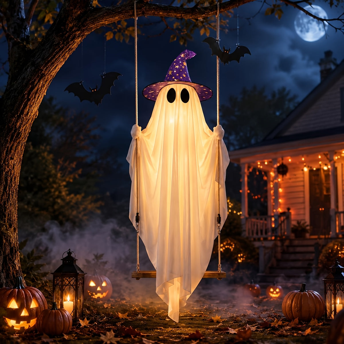 Close view of the canvas ghost face and witch hat detail on the hanging Halloween decoration