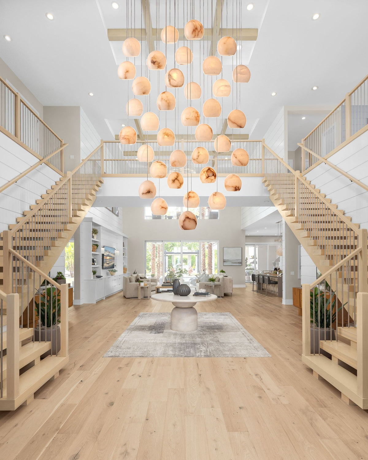 Tavira Chandeliers for Dining Room, Round Alabaster Chandelier, Adjustable Airplane Cable