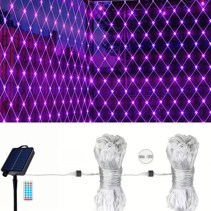 Solar net lights draped over an outdoor patio area