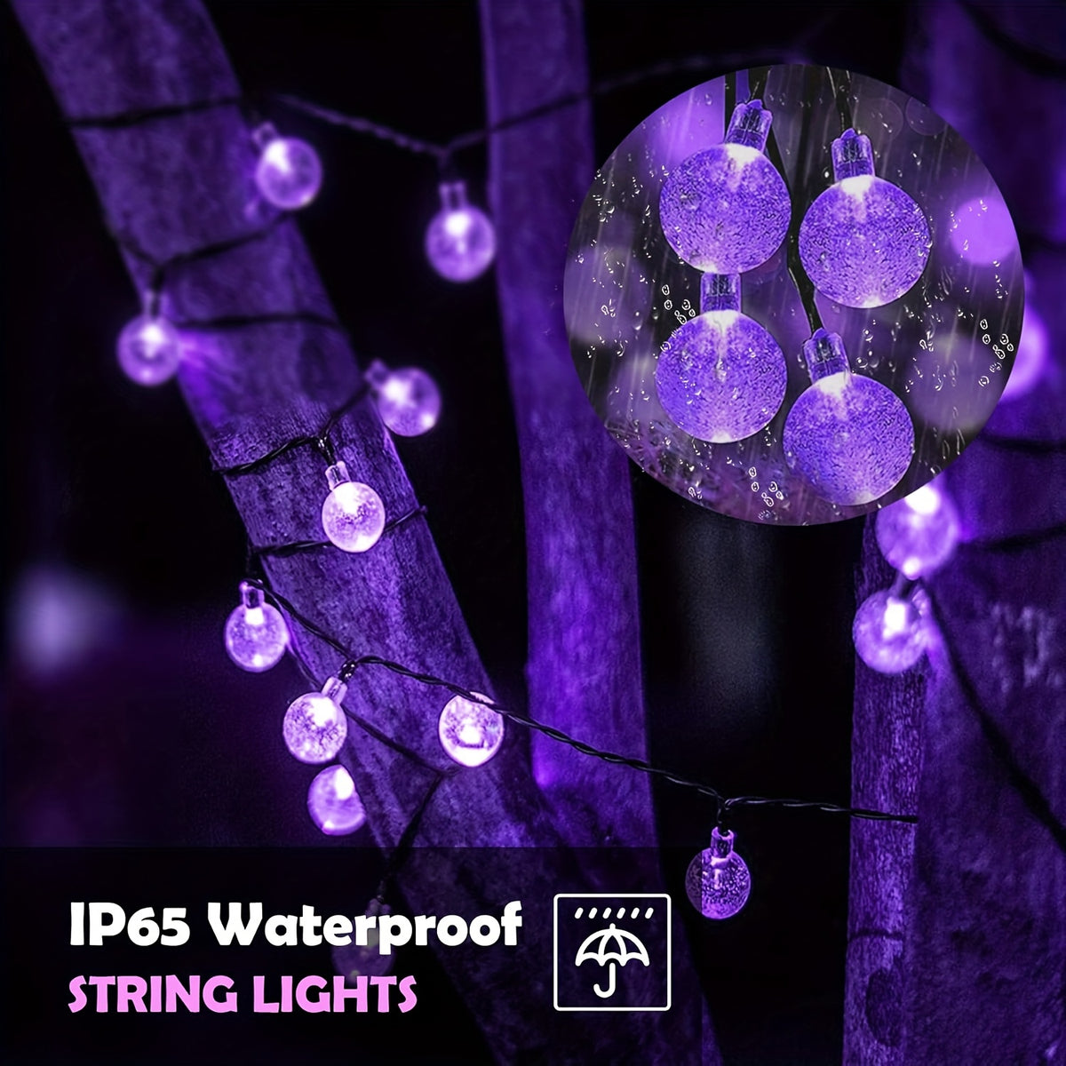 Purple LED solar bubble ball string lights wrapped around an outdoor tree - view 2
