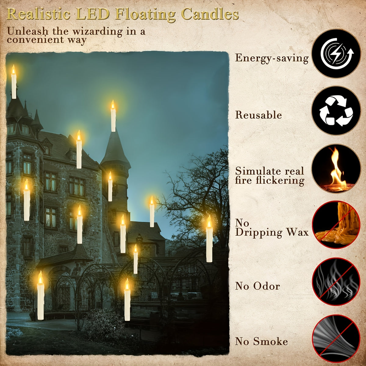 Floating candles lighting a stairwell