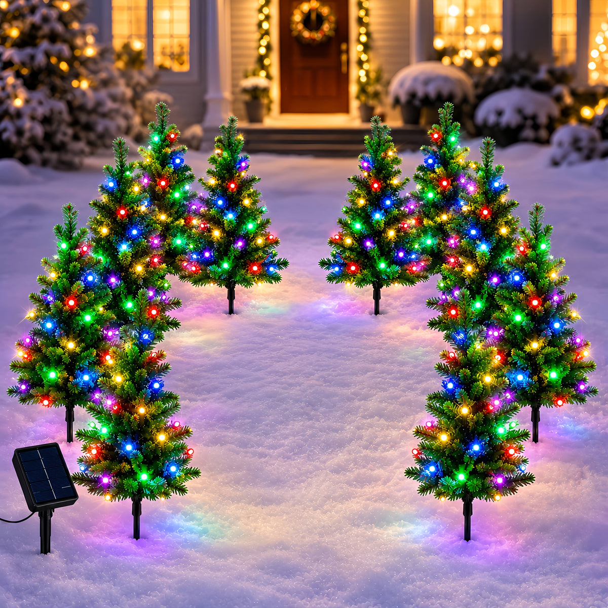 Ten mini tree stake lights arranged on a lawn