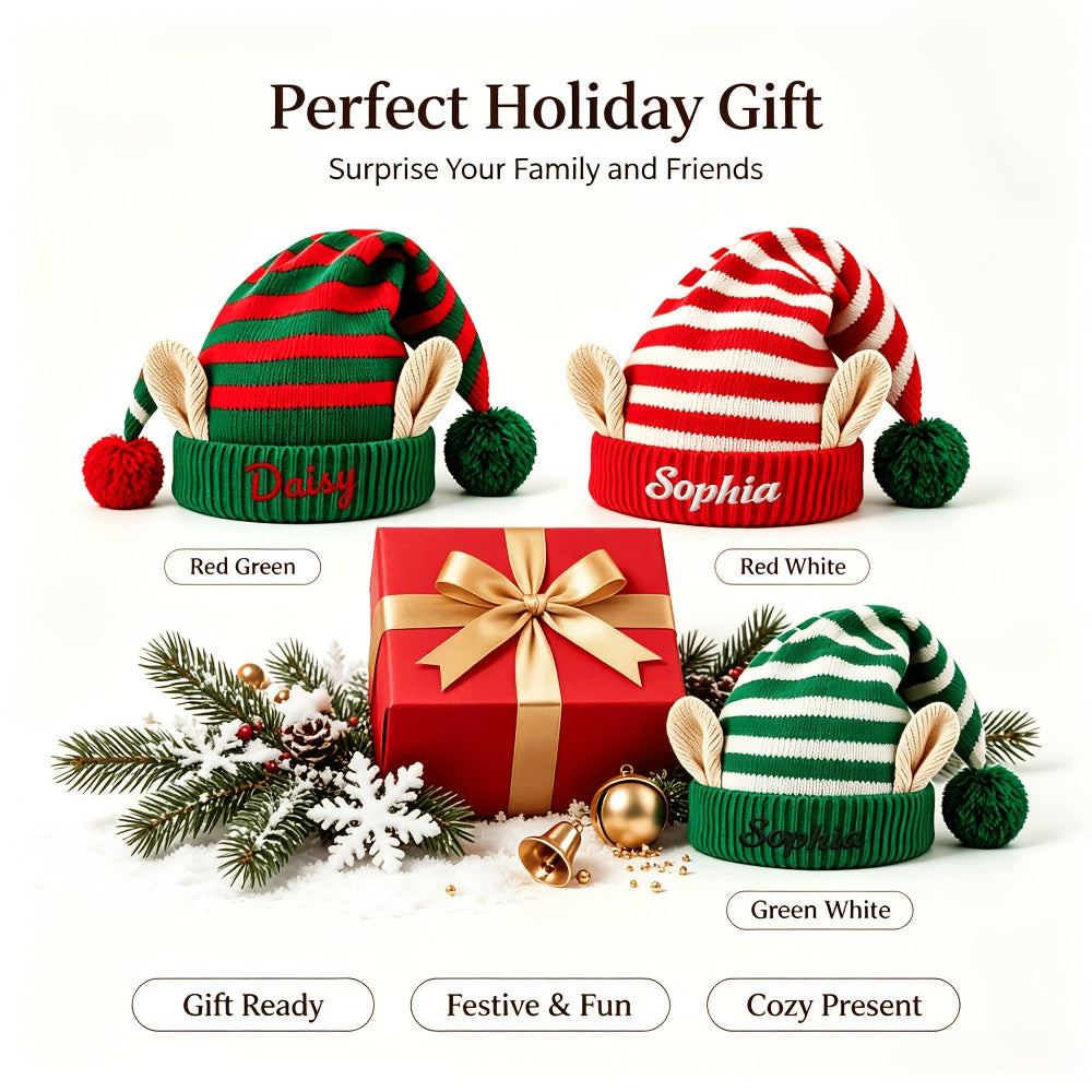 Embroidered name detail on elf hat