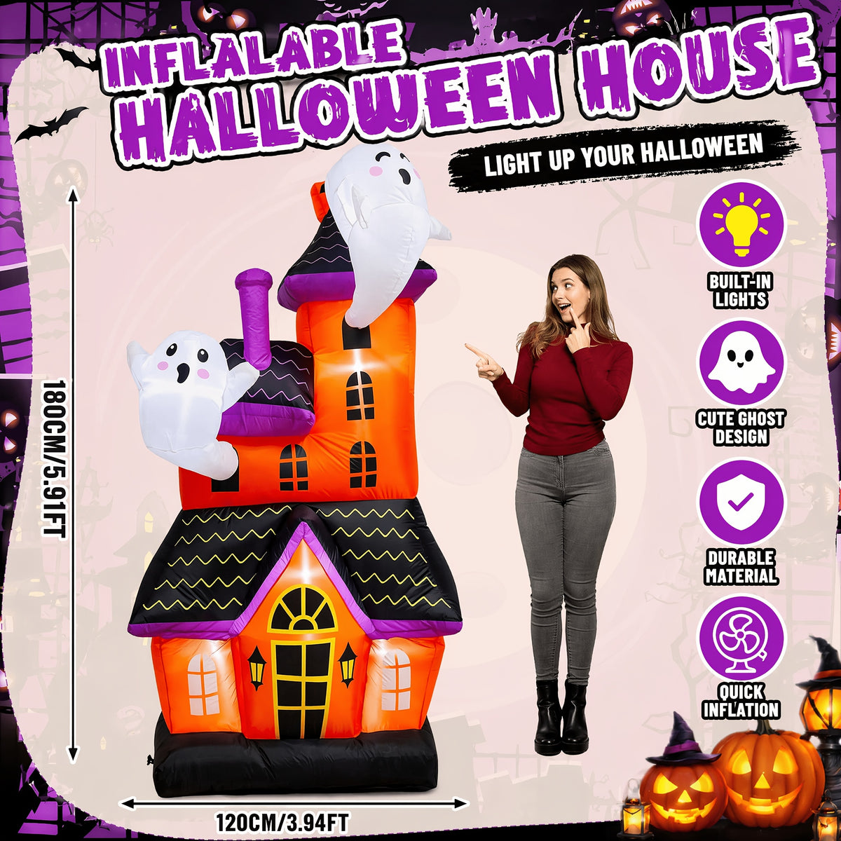 Large inflatable haunted house ghost castle decoration lit up in a yard - view 3