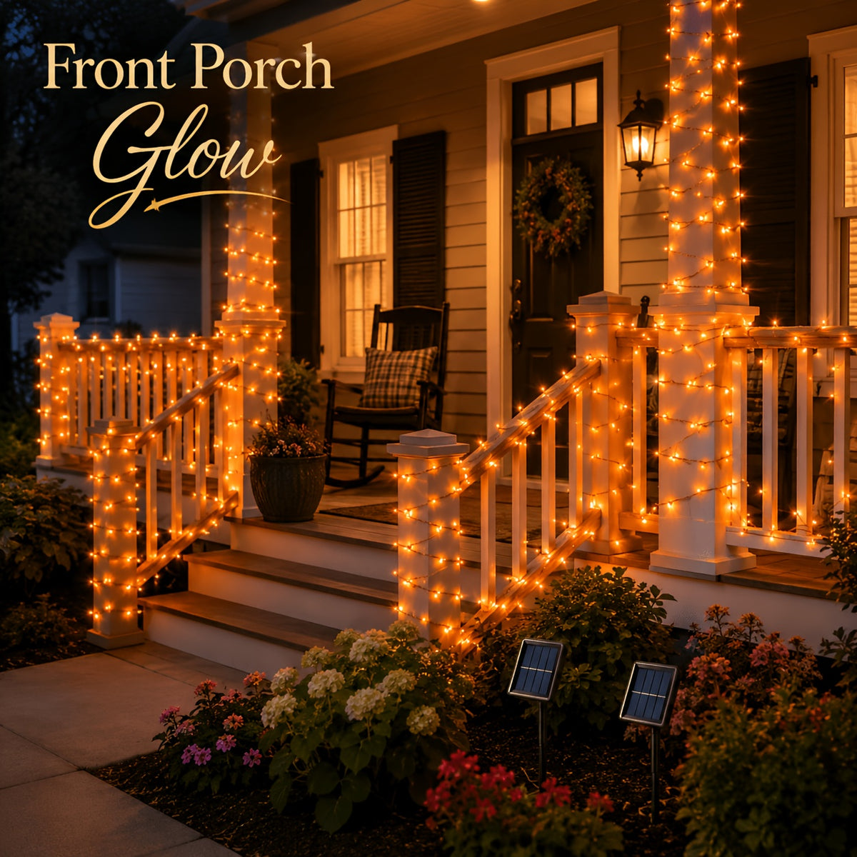 Solar fairy light strand lit up along a garden path after dark