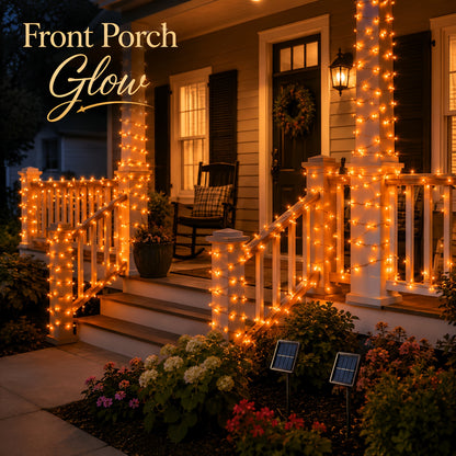 Solar fairy light strand lit up along a garden path after dark