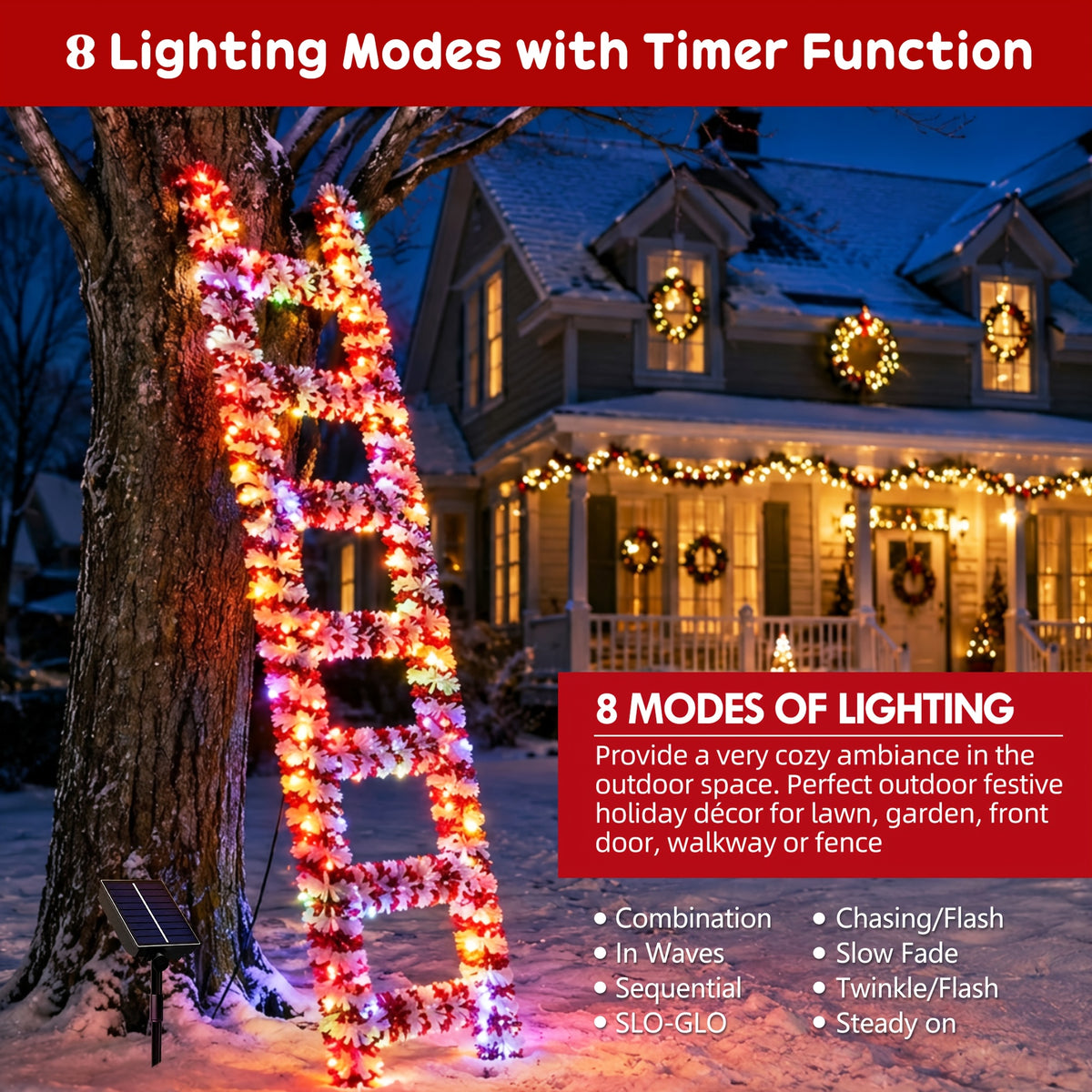 Climbing Santa Ladder, 5 ft Santa Climbing Ladder Decoration, Solar 100 LED Multicolor, Timer