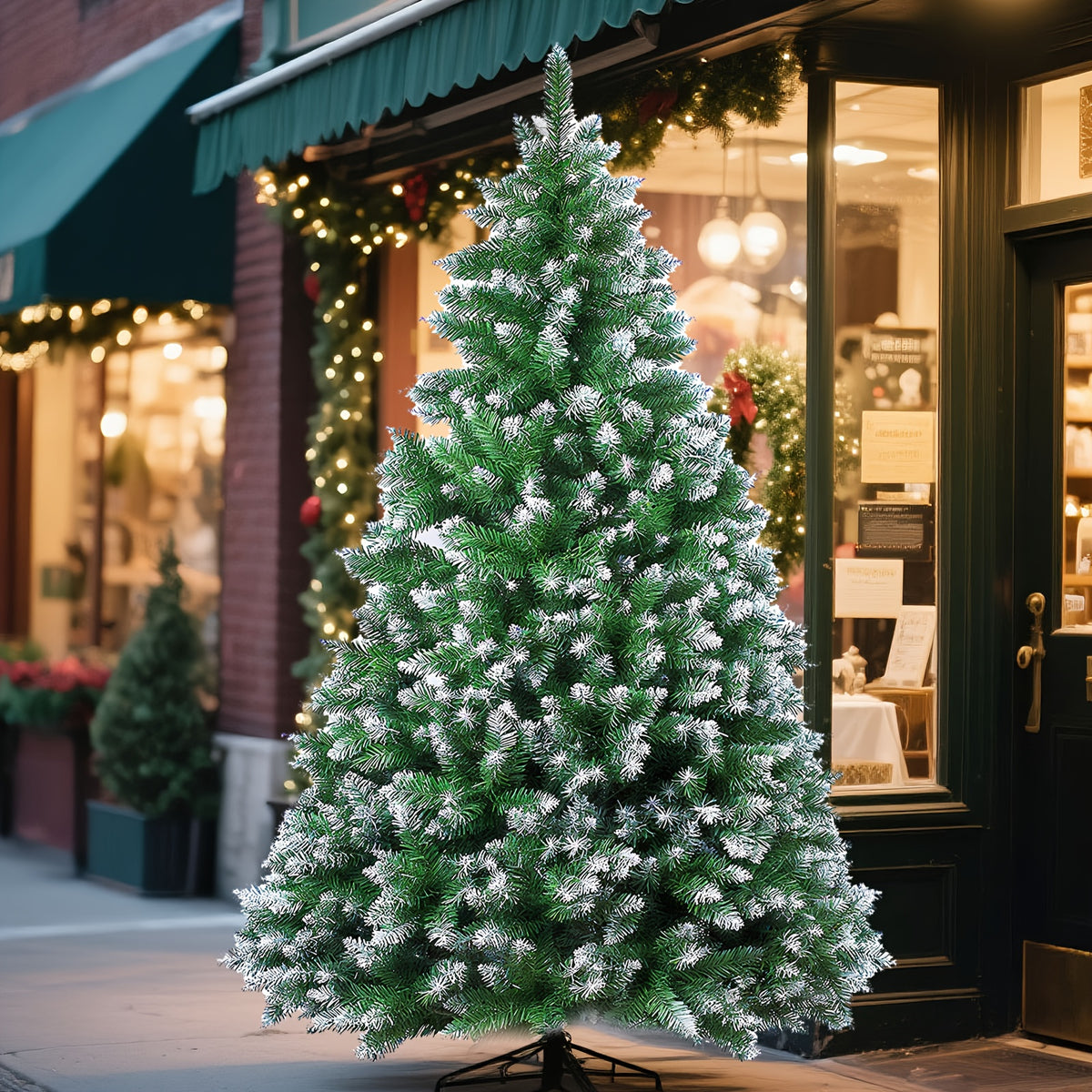 Unlit artificial pine Christmas tree with a Christmas tree skirt