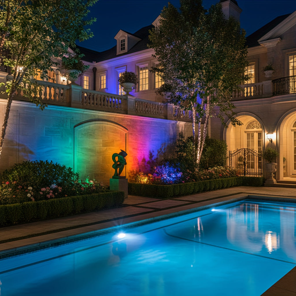RGB landscape spotlights staked along a pathway