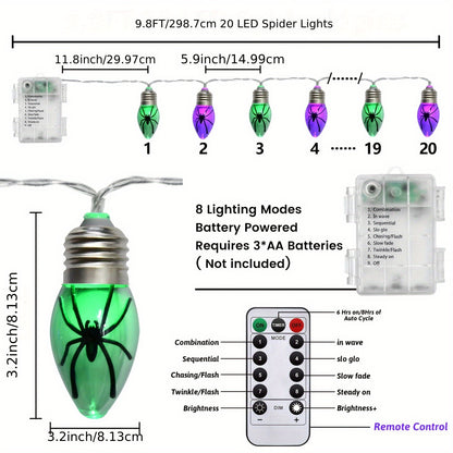 Bubble spider lights draped on haunted house display