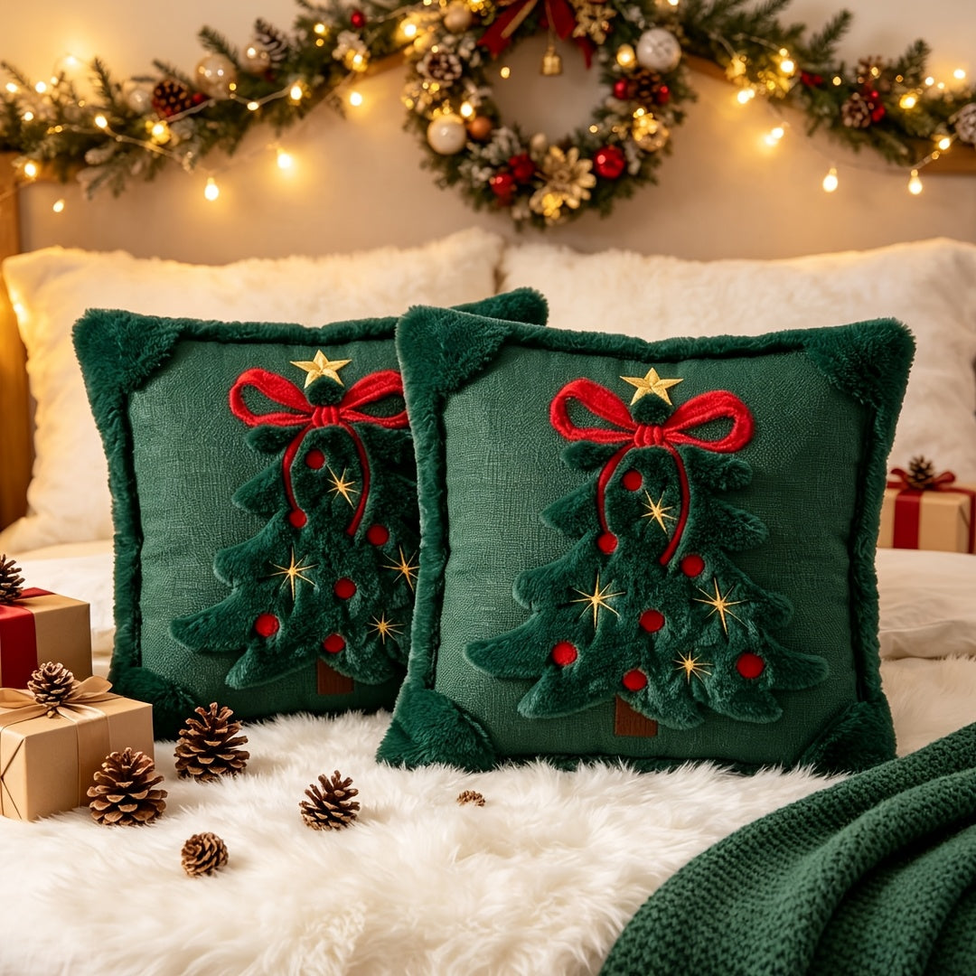Christmas Pillow Covers, 2 Pack, 18 x 18 in Quilted Tree and Bow