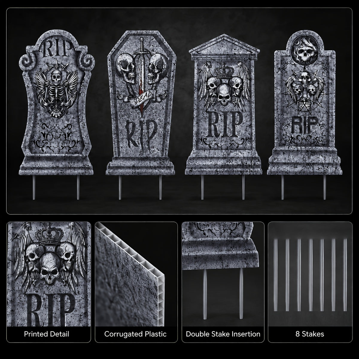 Halloween tombstone graveyard display in a yard