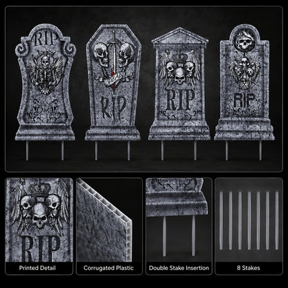 Halloween tombstone graveyard display in a yard