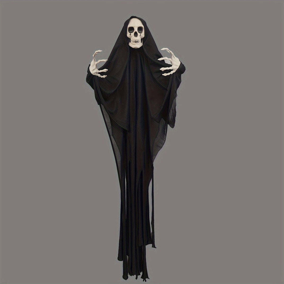Hanging ghost figure with a draped body and hollow face seen from the front