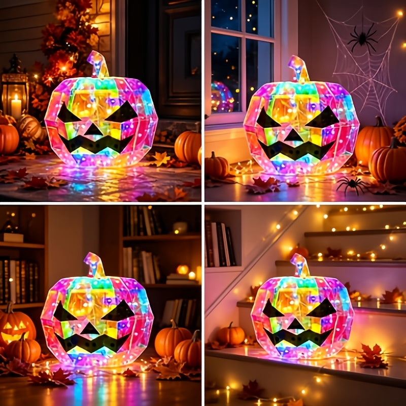Pumpkin light on a shelf beside Halloween decor