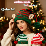 Knit elf hat with embroidered name, red and green