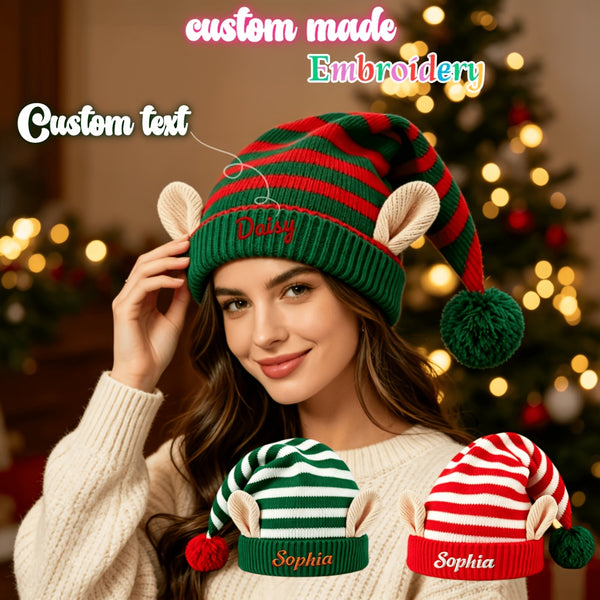 Personalized Elf Hat with Embroidered Name, Knit Christmas Beanie for Adults