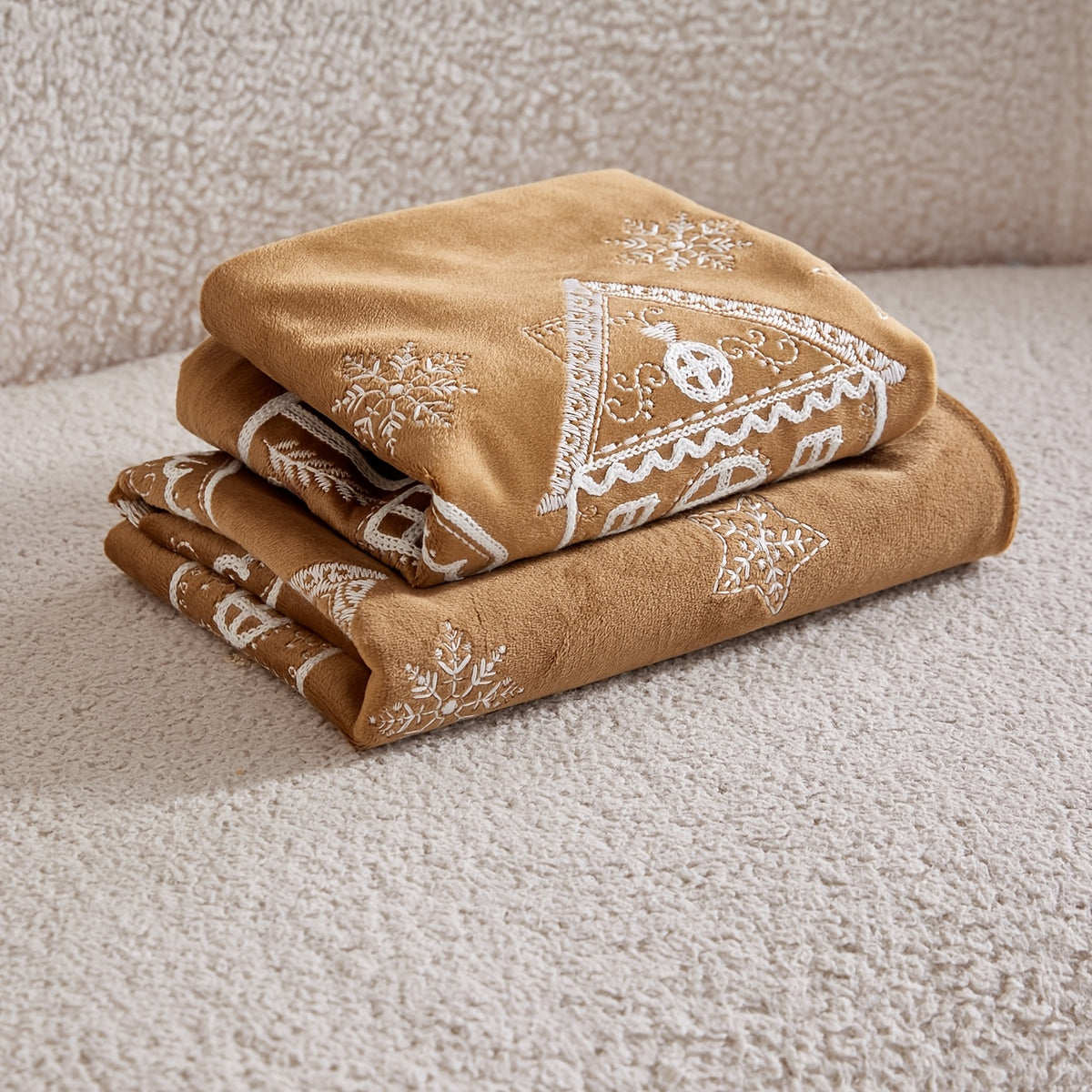 Christmas Pillow Cover, 3D Embroidered Gingerbread and Snowflake, Coffee Brown