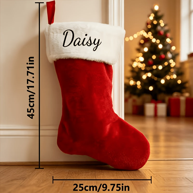 Plush stocking hanging by a fireplace