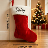 Plush stocking hanging by a fireplace