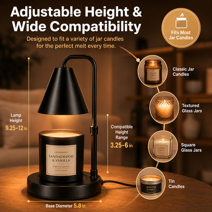 Height-adjustable arm detail on black candle warmer lamp