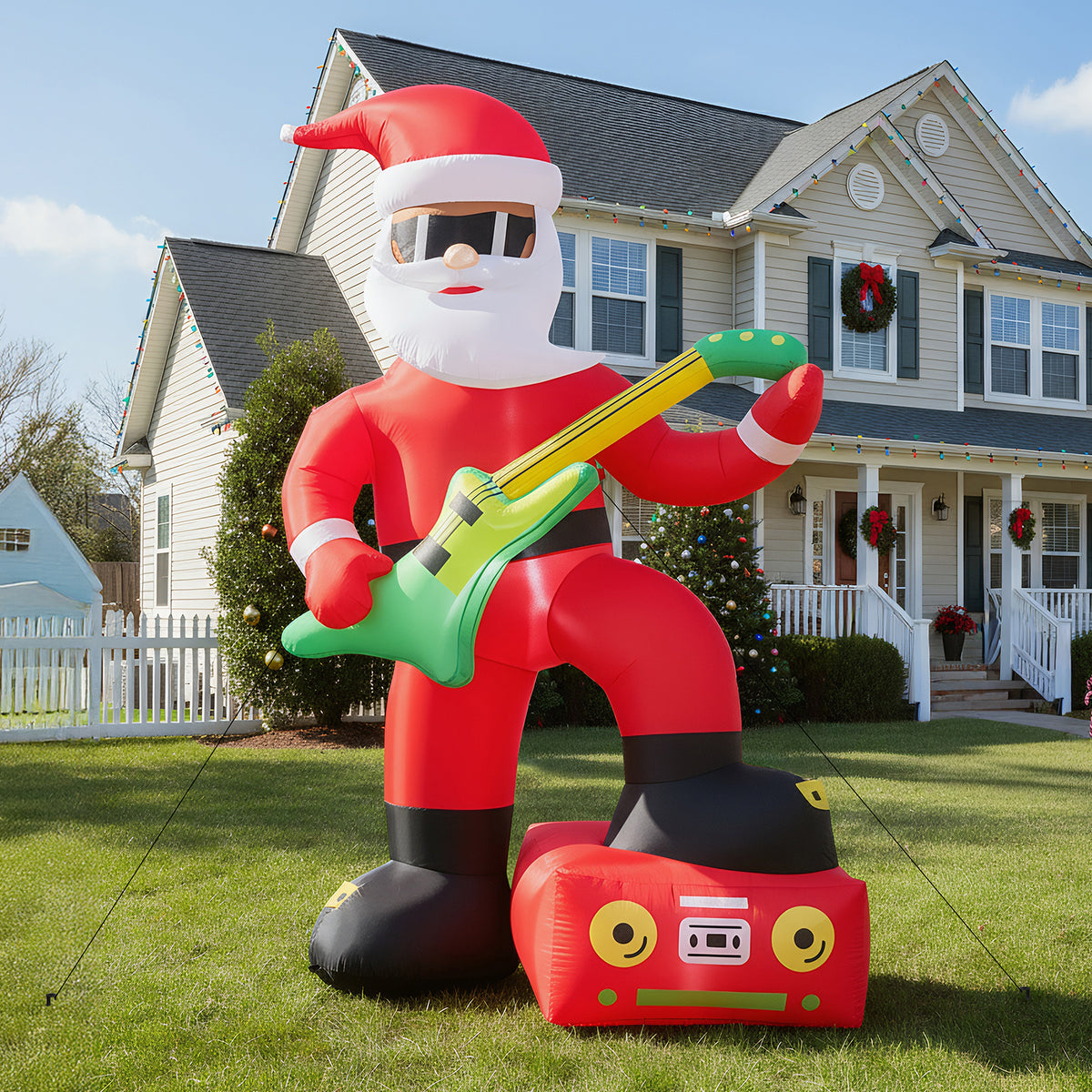 Christmas Inflatable Yard Decorations, Santa Riding Dinosaur, Snowman, Stakes & Storage Bag