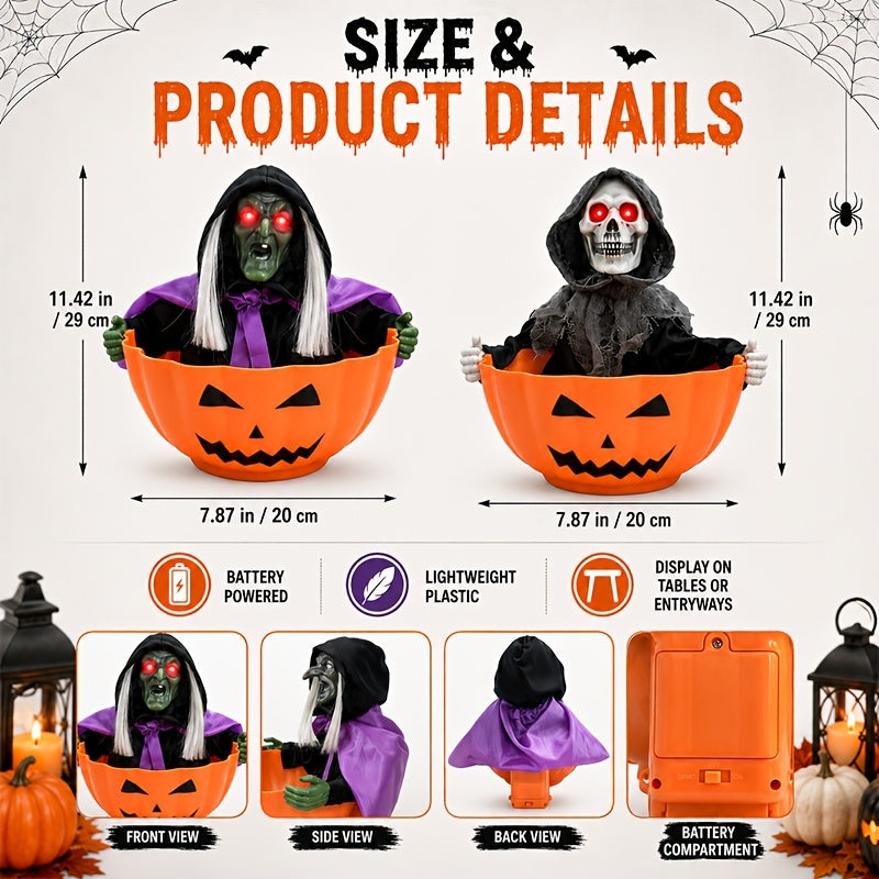 Light-up Halloween figure table lamp with sound effects, available as a skeleton or a witch